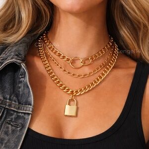Gold Chunky Layered Chain Lock Necklace Streetwear Y2K Statement Jewelry